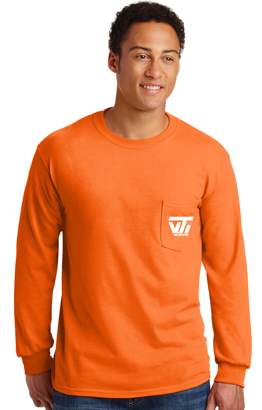 Safety Orange Gildan Long Sleeve Pocket T-Shirt - VTI